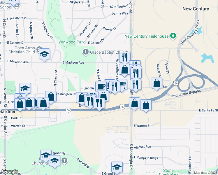 map of restaurants, bars, coffee shops, grocery stores, and more near 750 East Lincoln Lane in Gardner
