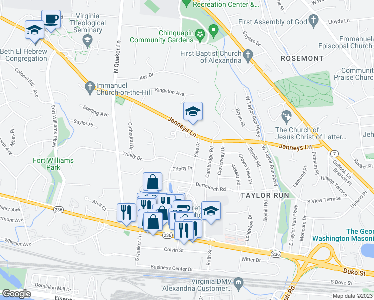 map of restaurants, bars, coffee shops, grocery stores, and more near 1105 Vassar Road in Alexandria