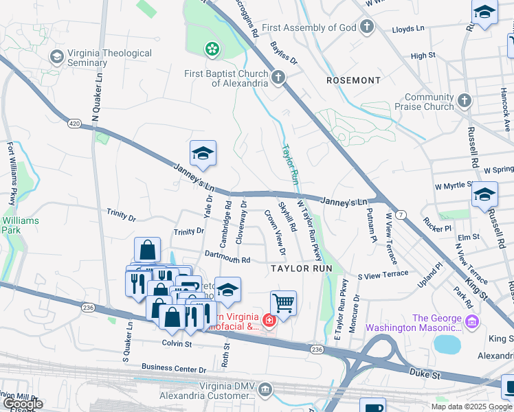 map of restaurants, bars, coffee shops, grocery stores, and more near 511 Crown View Drive in Alexandria