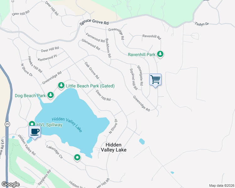map of restaurants, bars, coffee shops, grocery stores, and more near 18864 Deer Hill Road in Hidden Valley Lake