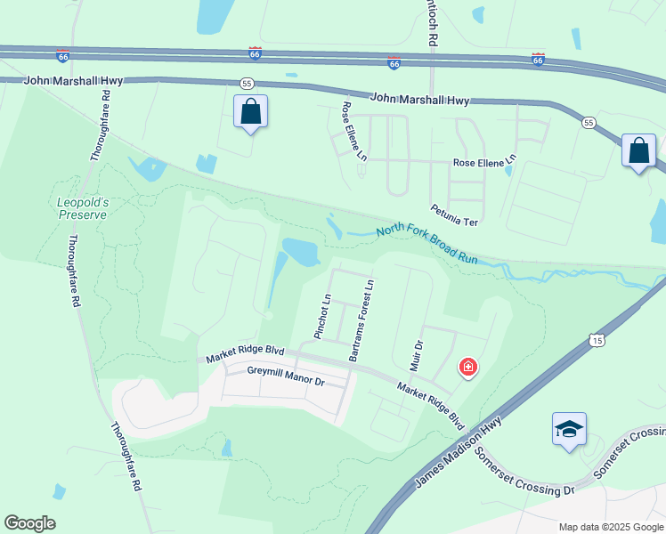 map of restaurants, bars, coffee shops, grocery stores, and more near 6680 Bartrams Forest Lane in Haymarket