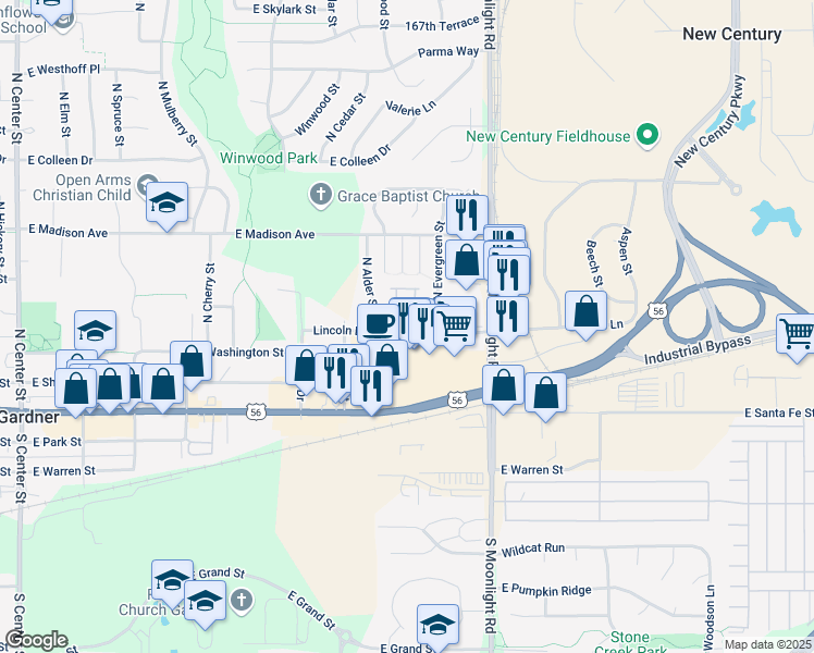 map of restaurants, bars, coffee shops, grocery stores, and more near 750 East Lincoln Lane in Gardner
