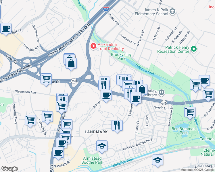 map of restaurants, bars, coffee shops, grocery stores, and more near 5405 Duke Street in Alexandria
