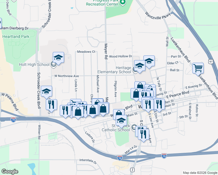 map of restaurants, bars, coffee shops, grocery stores, and more near 507 Meyer Road in Wentzville