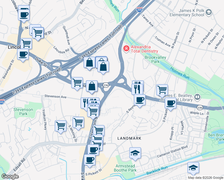 map of restaurants, bars, coffee shops, grocery stores, and more near 8 South Van Dorn Street in Alexandria