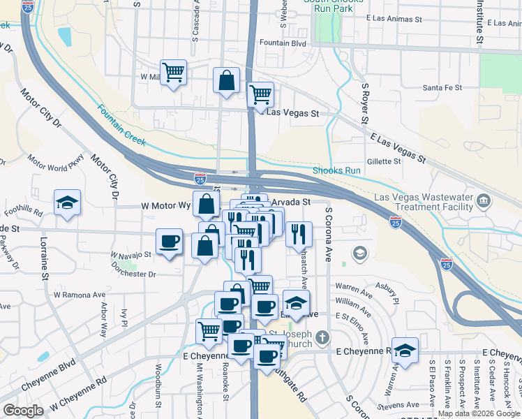 map of restaurants, bars, coffee shops, grocery stores, and more near 1331 South Nevada Avenue in Colorado Springs