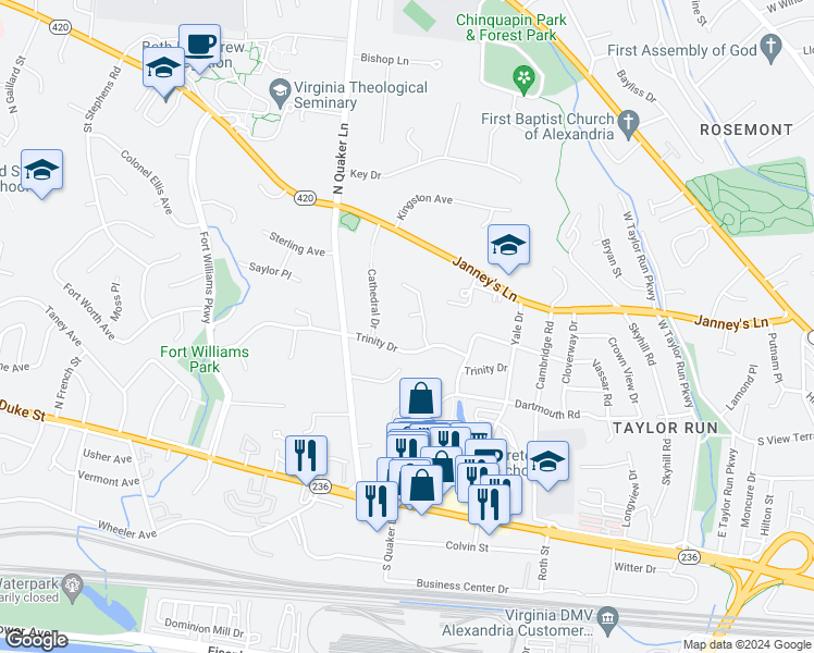 map of restaurants, bars, coffee shops, grocery stores, and more near 1302 Chancel Place in Alexandria