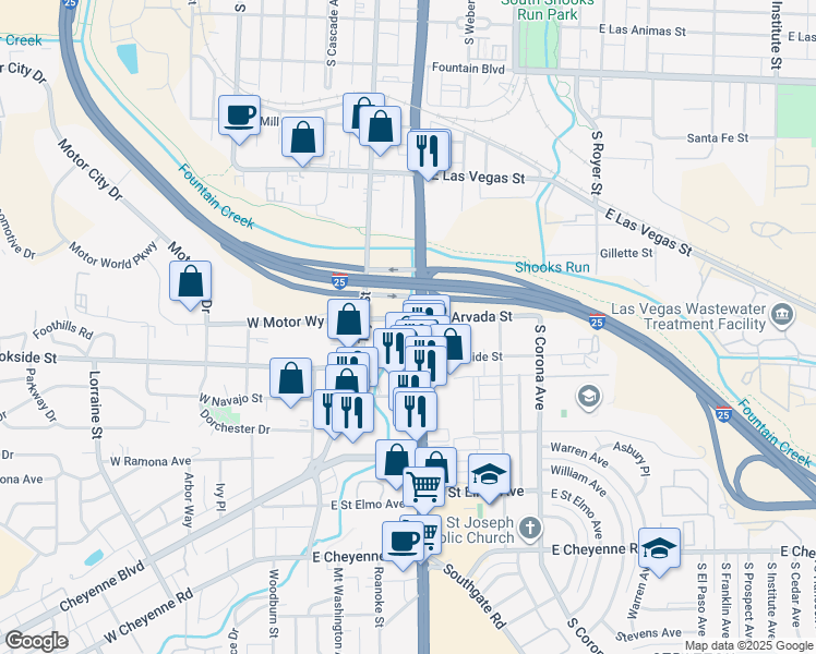 map of restaurants, bars, coffee shops, grocery stores, and more near 1400 South Nevada Avenue in Colorado Springs