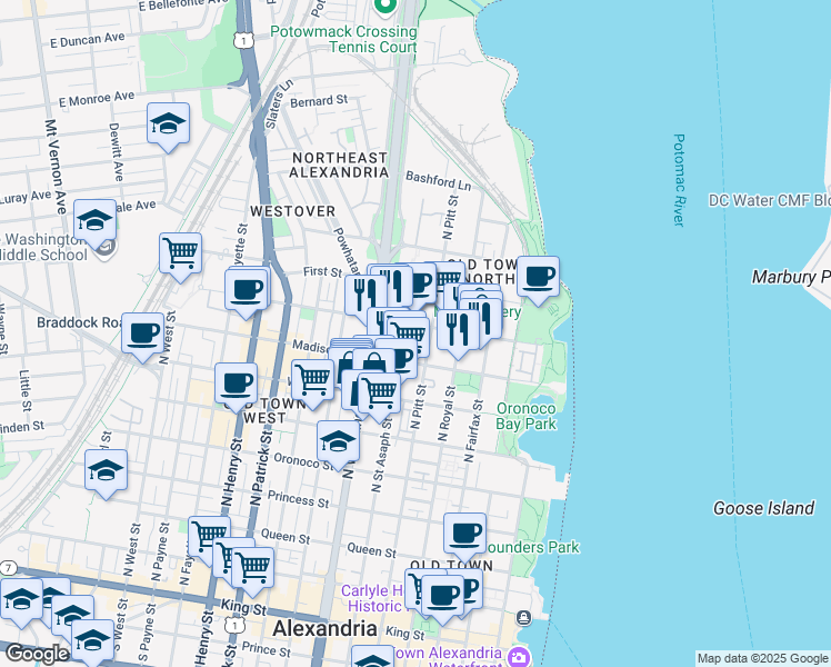 map of restaurants, bars, coffee shops, grocery stores, and more near 503 Montgomery Street in Alexandria