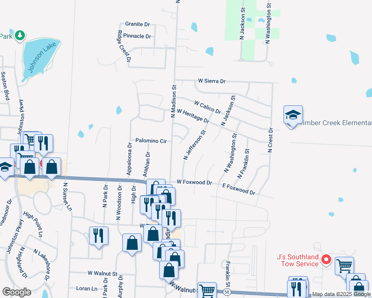 map of restaurants, bars, coffee shops, grocery stores, and more near 508 North Jefferson Street in Raymore