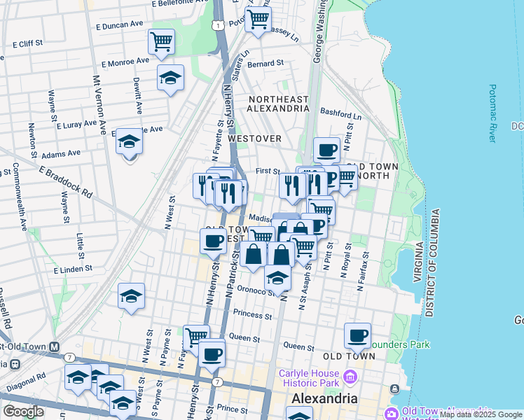 map of restaurants, bars, coffee shops, grocery stores, and more near 835 North Alfred Street in Alexandria