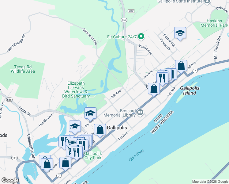 map of restaurants, bars, coffee shops, grocery stores, and more near 640 5th Avenue in Gallipolis