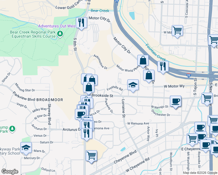 map of restaurants, bars, coffee shops, grocery stores, and more near 1338 East Parkway Drive in Colorado Springs