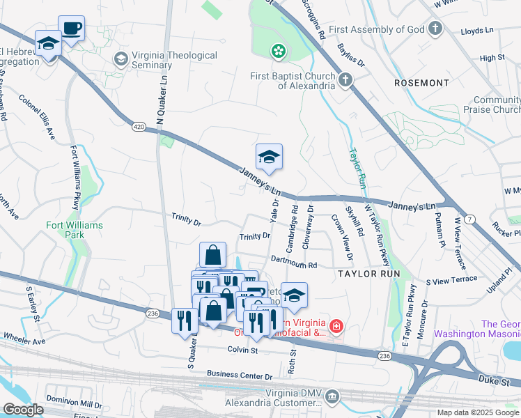 map of restaurants, bars, coffee shops, grocery stores, and more near 1105 Vassar Road in Alexandria