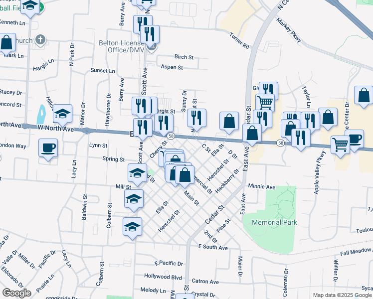 map of restaurants, bars, coffee shops, grocery stores, and more near 222 B Street in Belton