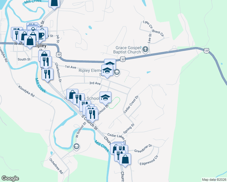 map of restaurants, bars, coffee shops, grocery stores, and more near 356 3rd Ave in Ripley