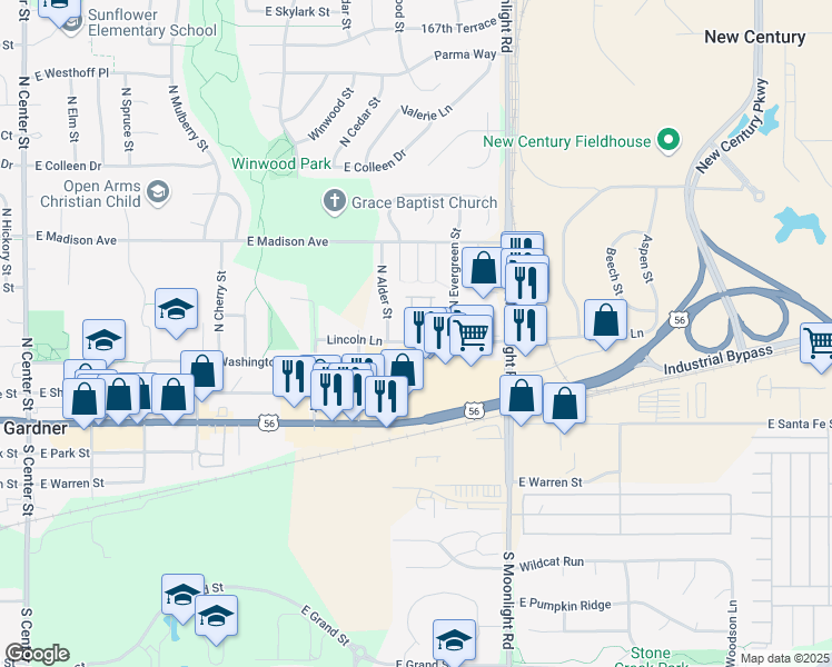 map of restaurants, bars, coffee shops, grocery stores, and more near 715 East Lincoln Lane in Gardner