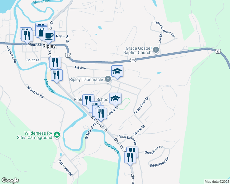 map of restaurants, bars, coffee shops, grocery stores, and more near 201-229 Walters Street in Ripley