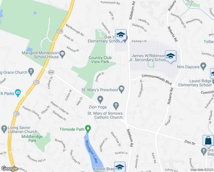 map of restaurants, bars, coffee shops, grocery stores, and more near 5205 Holden Street in Fairfax