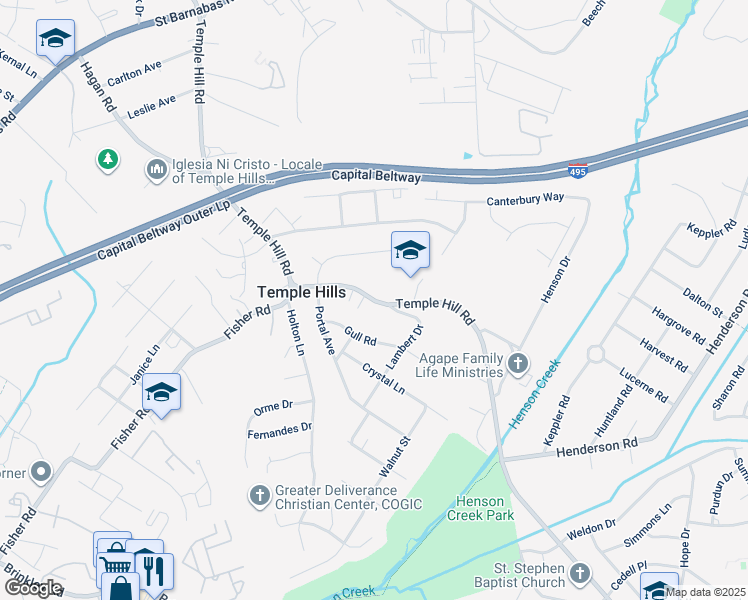 map of restaurants, bars, coffee shops, grocery stores, and more near Temple Hill Road in Temple Hills