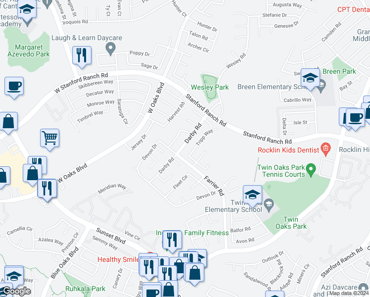 map of restaurants, bars, coffee shops, grocery stores, and more near 5635 Darby Road in Rocklin