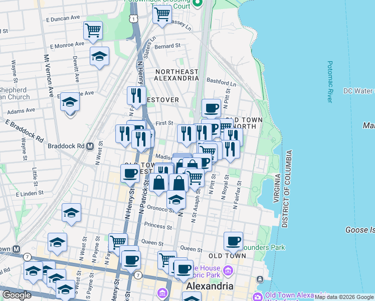 map of restaurants, bars, coffee shops, grocery stores, and more near 828 North Washington Street in Alexandria
