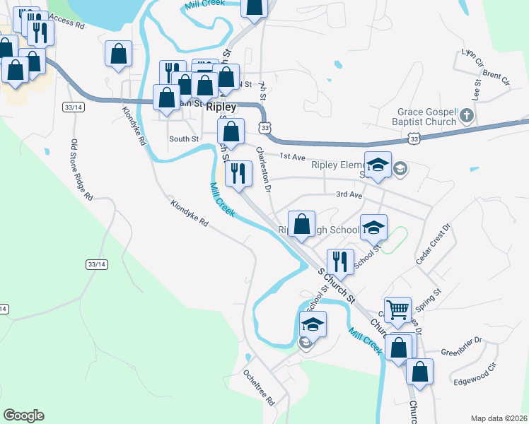 map of restaurants, bars, coffee shops, grocery stores, and more near 316 Charleston Dr in Ripley