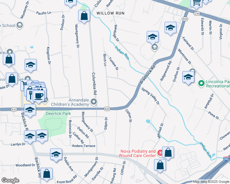 map of restaurants, bars, coffee shops, grocery stores, and more near 6625 Pine Road in Alexandria