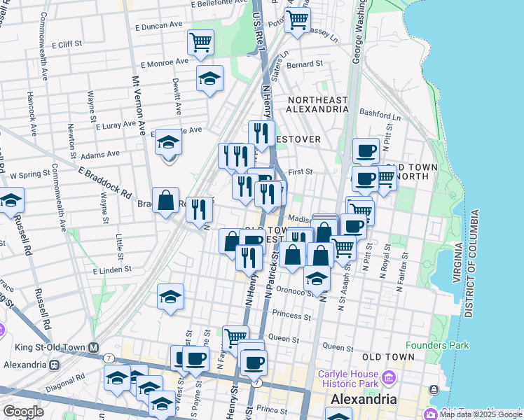 map of restaurants, bars, coffee shops, grocery stores, and more near 800 North Henry Street in Alexandria