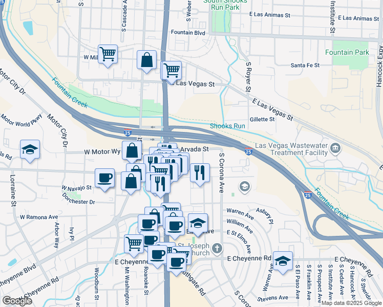map of restaurants, bars, coffee shops, grocery stores, and more near 307 East Arvada Street in Colorado Springs