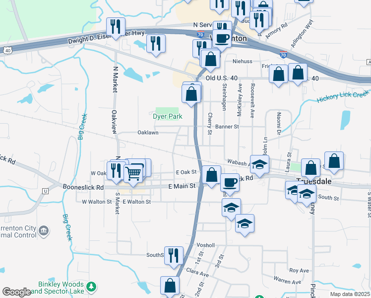map of restaurants, bars, coffee shops, grocery stores, and more near 508 Ashland Street in Warrenton