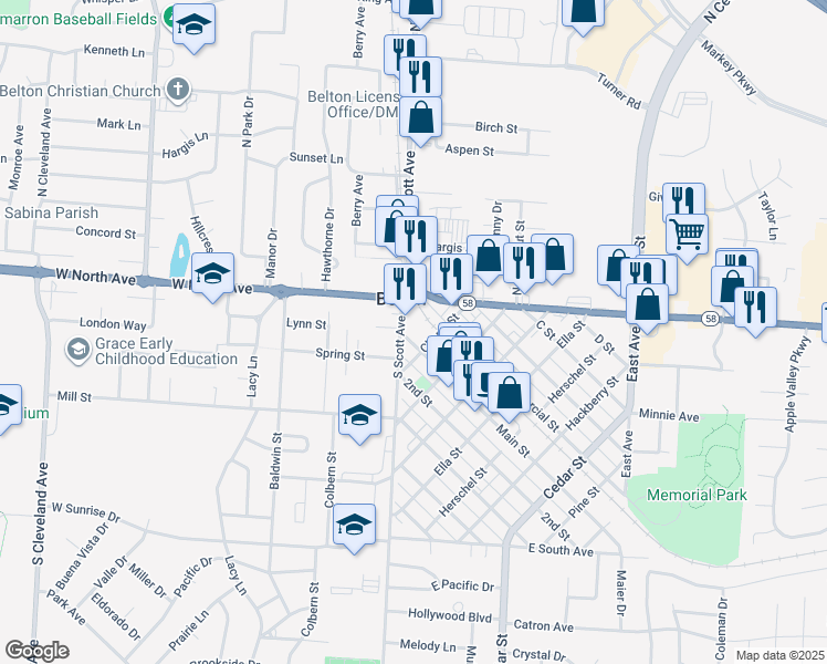 map of restaurants, bars, coffee shops, grocery stores, and more near in Belton
