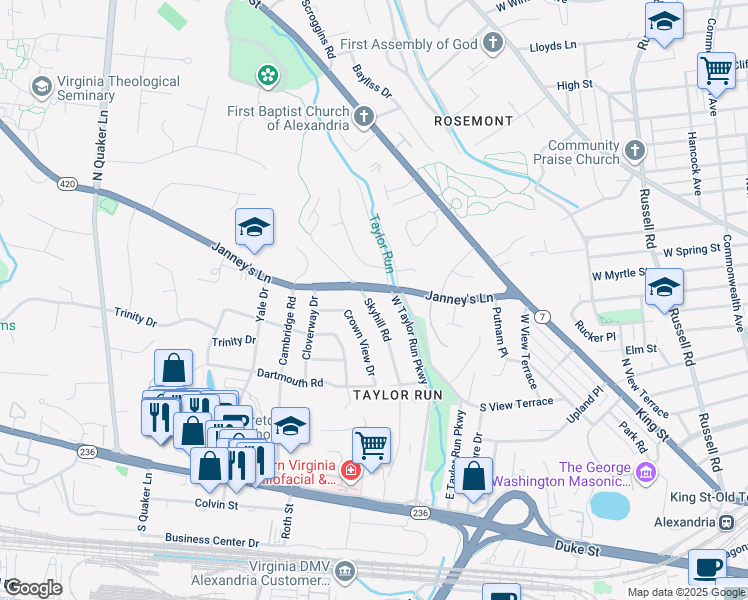 map of restaurants, bars, coffee shops, grocery stores, and more near 411 Skyhill Road in Alexandria