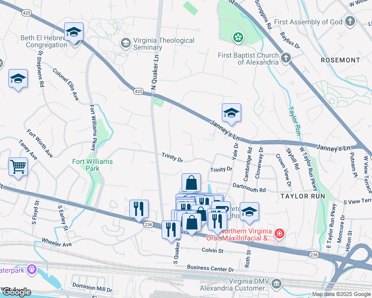 map of restaurants, bars, coffee shops, grocery stores, and more near 1302 Chancel Place in Alexandria