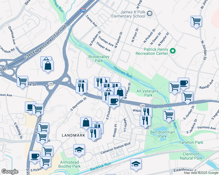map of restaurants, bars, coffee shops, grocery stores, and more near 19 Canterbury Square in Alexandria