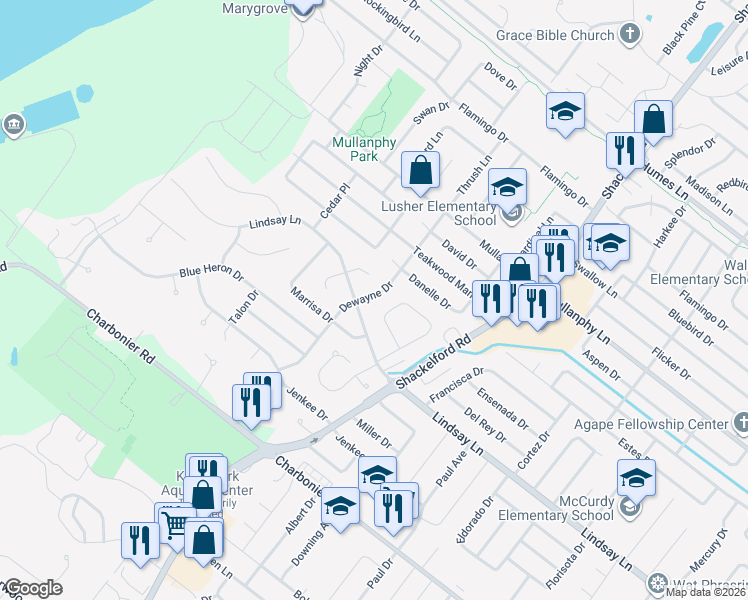 map of restaurants, bars, coffee shops, grocery stores, and more near 955 Dewayne Drive in Florissant
