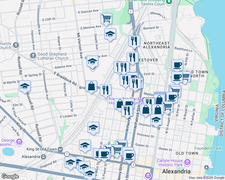 map of restaurants, bars, coffee shops, grocery stores, and more near 1360 Madison Street in Alexandria