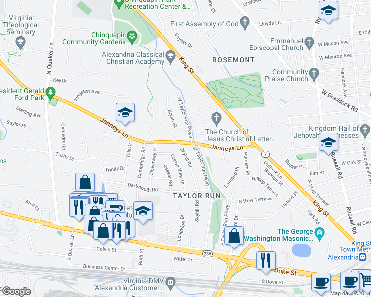 map of restaurants, bars, coffee shops, grocery stores, and more near 411 Skyhill Road in Alexandria
