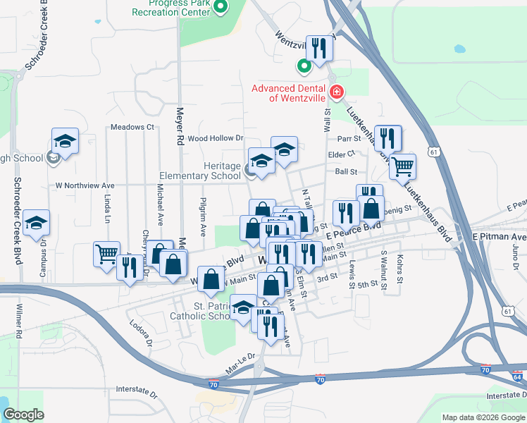 map of restaurants, bars, coffee shops, grocery stores, and more near 2 West Academy Drive in Wentzville
