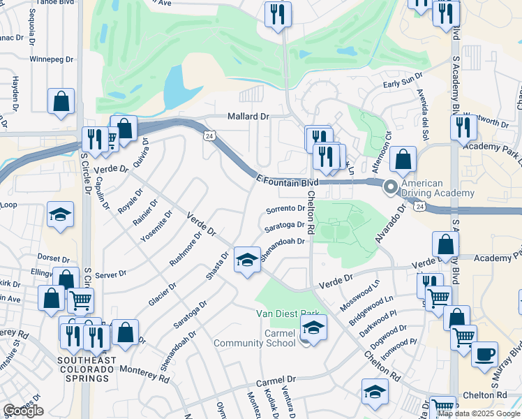 map of restaurants, bars, coffee shops, grocery stores, and more near 1318 Sorrento Drive in Colorado Springs