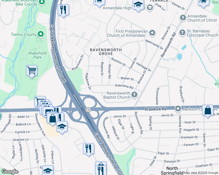 map of restaurants, bars, coffee shops, grocery stores, and more near 7725 Kalorama Road in Annandale