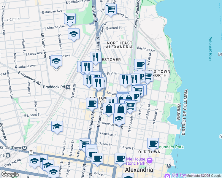 map of restaurants, bars, coffee shops, grocery stores, and more near 816 North Alfred Street in Alexandria