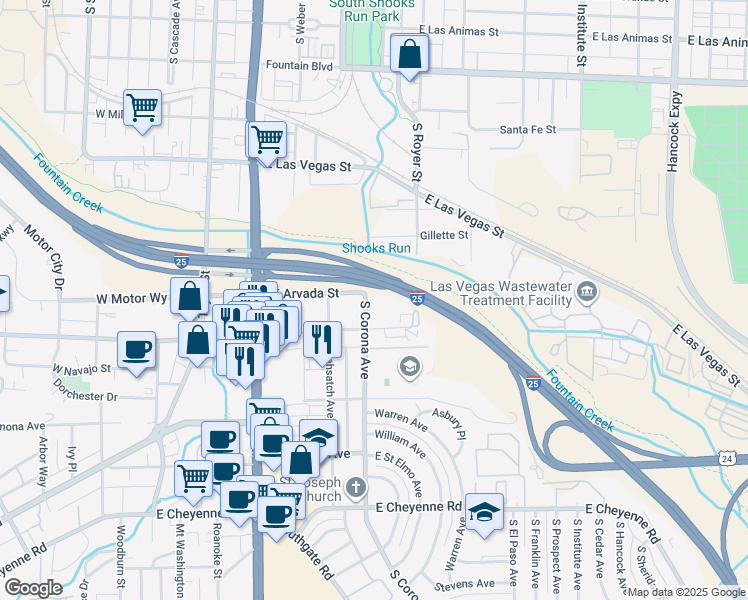 map of restaurants, bars, coffee shops, grocery stores, and more near 610 East Arvada Street in Colorado Springs