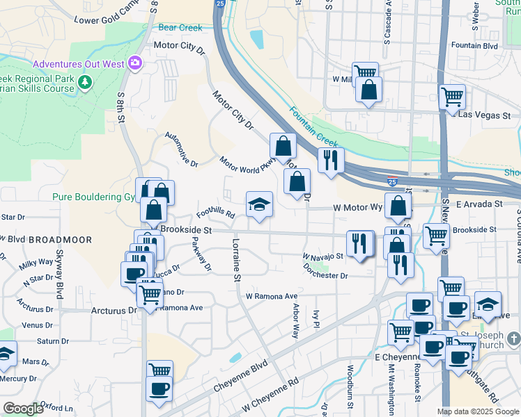 map of restaurants, bars, coffee shops, grocery stores, and more near 320 Crestone Lane in Colorado Springs