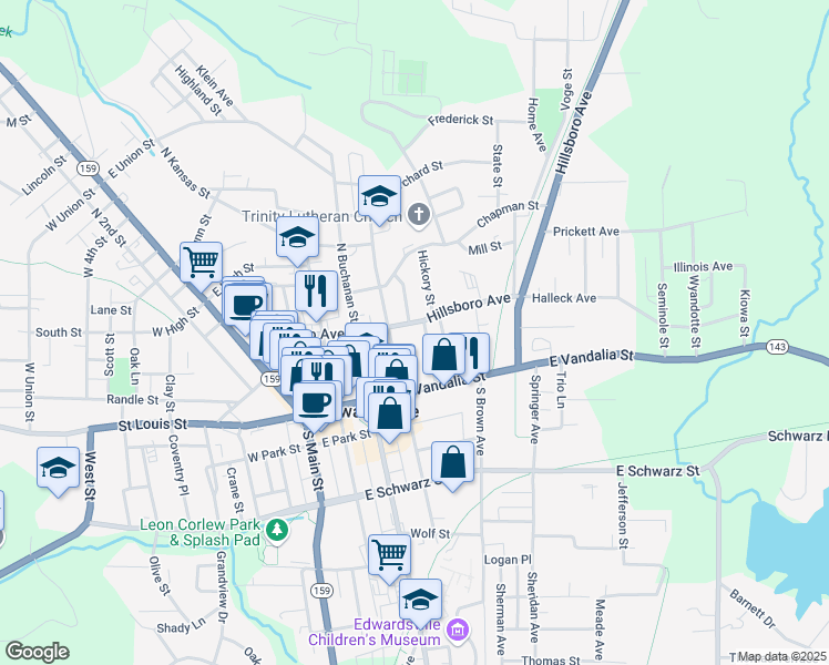 map of restaurants, bars, coffee shops, grocery stores, and more near 506 Hillsboro Avenue in Edwardsville