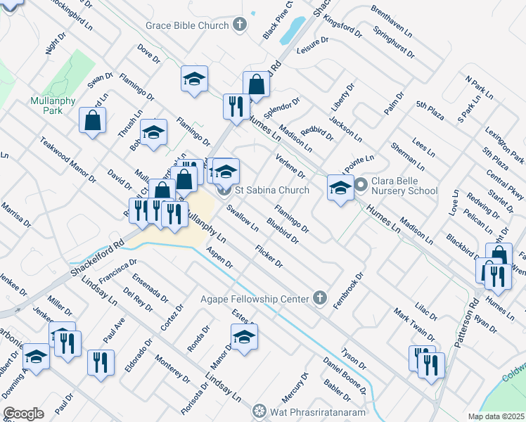 map of restaurants, bars, coffee shops, grocery stores, and more near 1495 Bluebird Drive in Florissant
