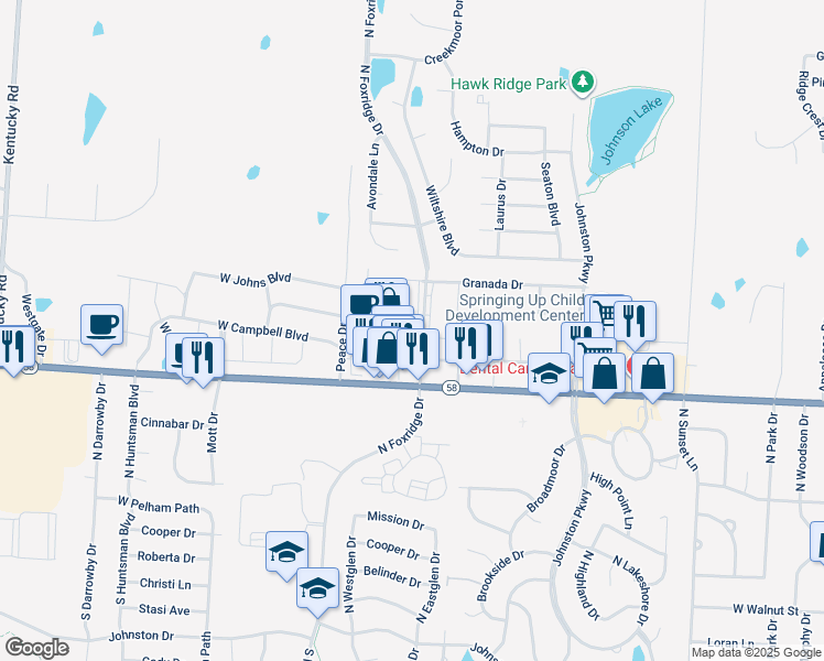 map of restaurants, bars, coffee shops, grocery stores, and more near 169 North Foxridge Drive in Raymore