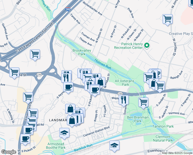 map of restaurants, bars, coffee shops, grocery stores, and more near 20 Canterbury Square in Alexandria