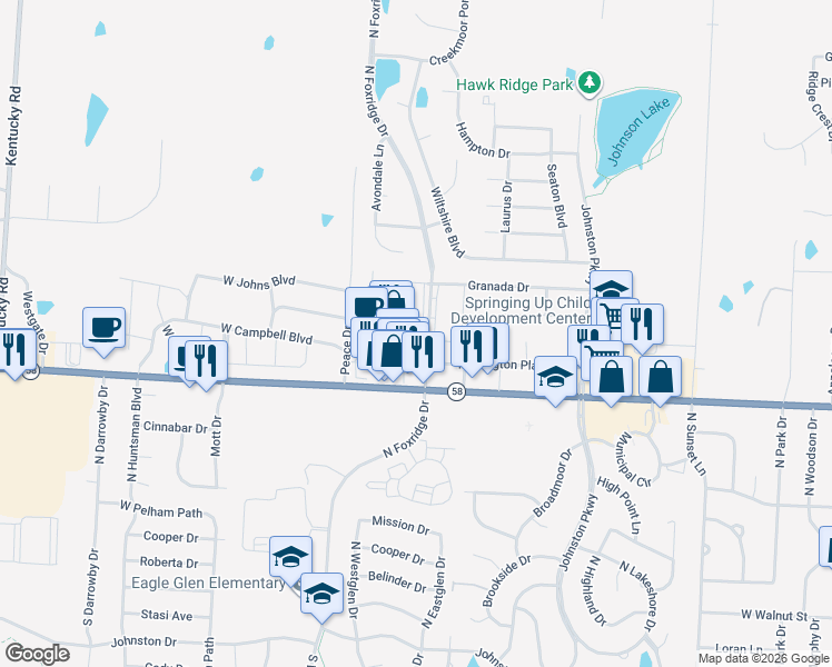 map of restaurants, bars, coffee shops, grocery stores, and more near 169 North Foxridge Drive in Raymore