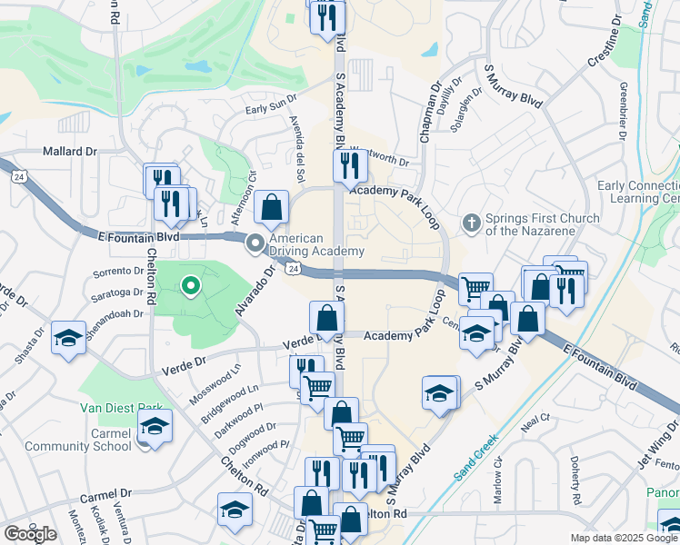 map of restaurants, bars, coffee shops, grocery stores, and more near E Fountain Blvd & S Academy Blvd in Colorado Springs
